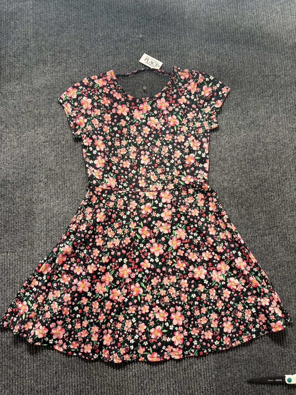 The Children's Place NWT Black Floral Fit & Flare Dress Pink Flowers Girls XL